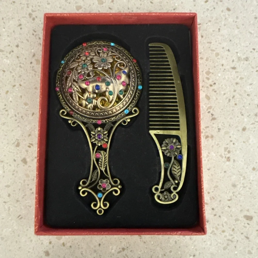 Vtg Style Hand Held Vanity Mirror Matching Comb Set Floral/Butterfly Rhinestone